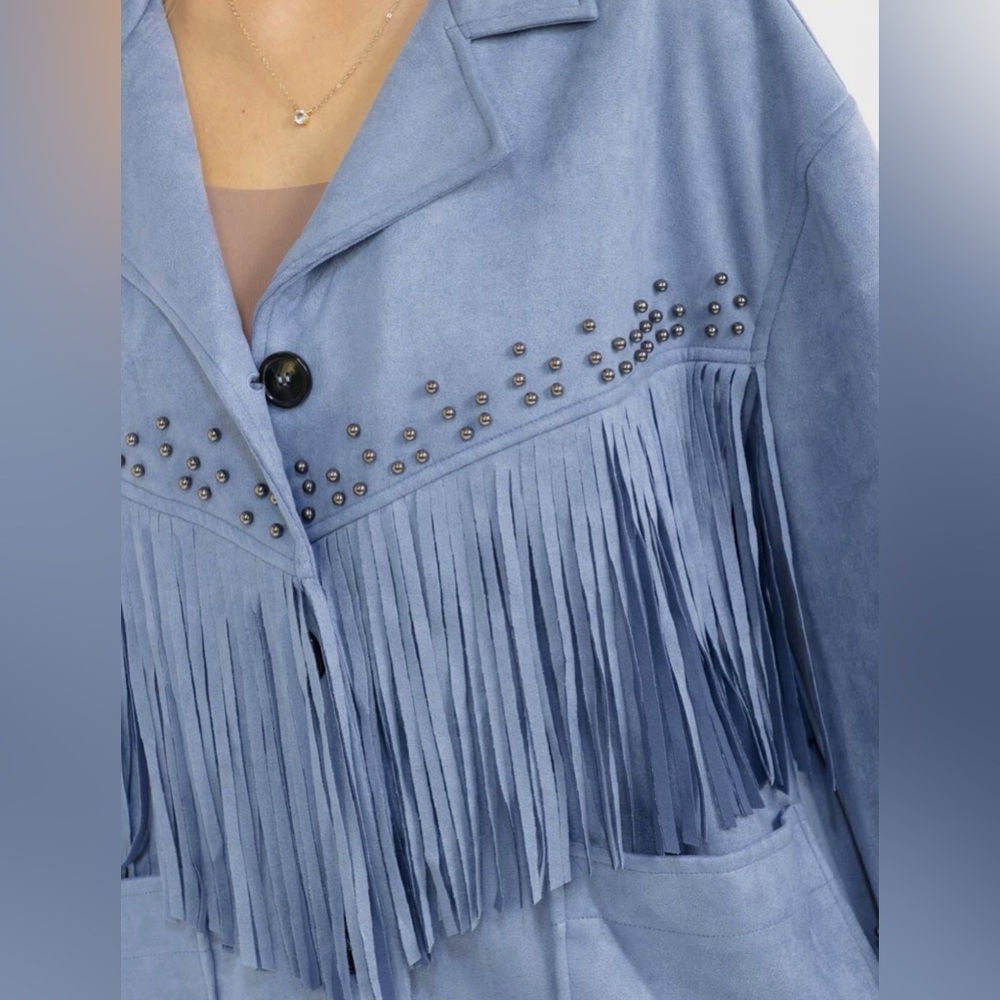Fringed Studded Suede Jacket - Light Blue - Picture 3 of 4